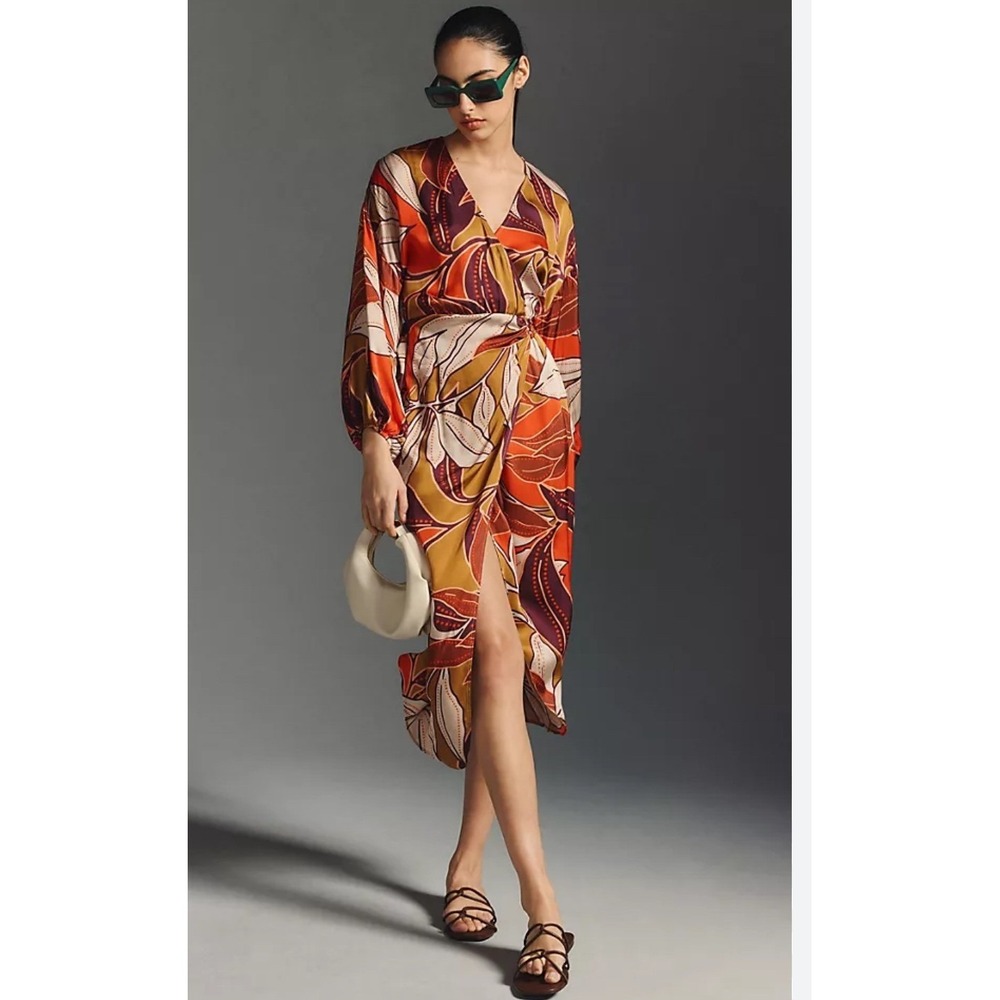 Anthropologie Floral Printed Midi Wrap Dress Long Sleeve Floral Print‎ XS Petite